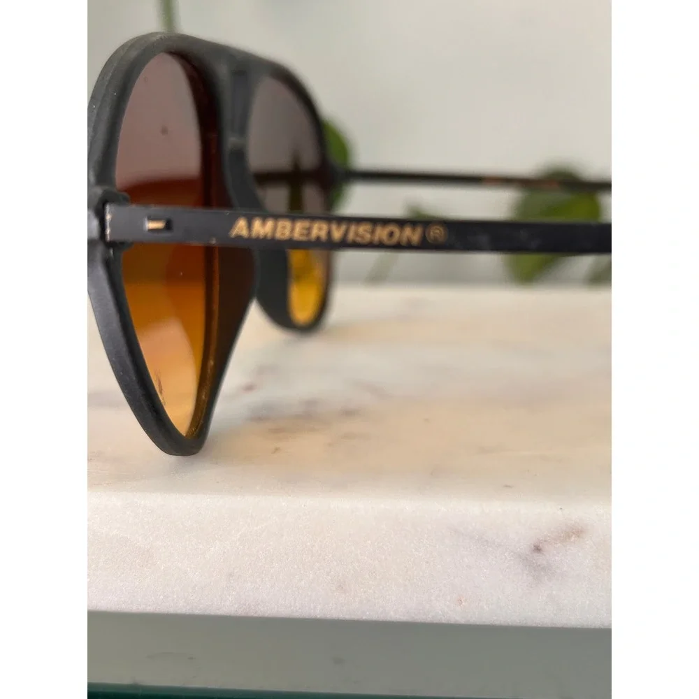 Vintage Ambervision Aviator Sunglasses Matte Black Frame Amber Lenses Taiwan